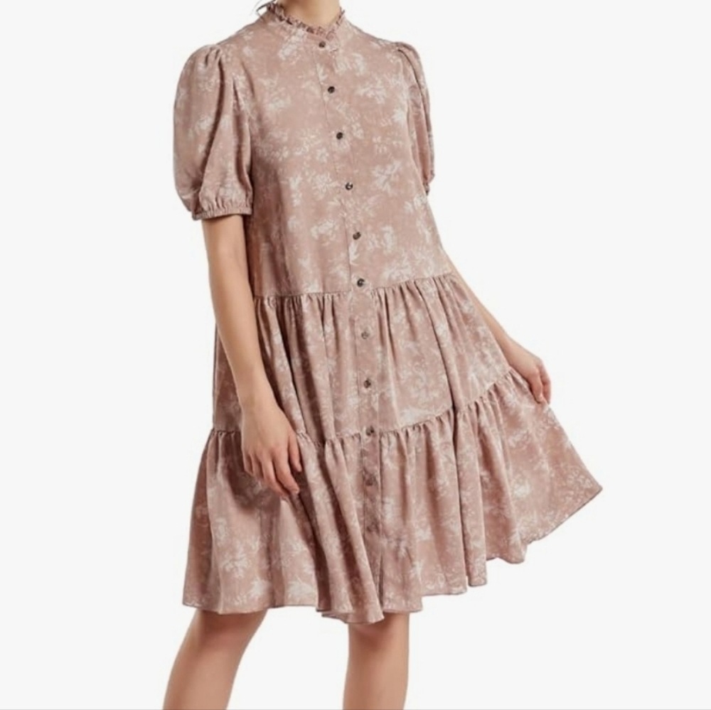 Romantic High Neck Pink Floral Puff Sleeve Dress Size Small
